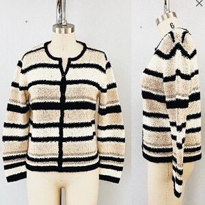 TALBOTS Vintage Cardigan Sweater Hand Knit Long Boucle Silk Linen stripes size M